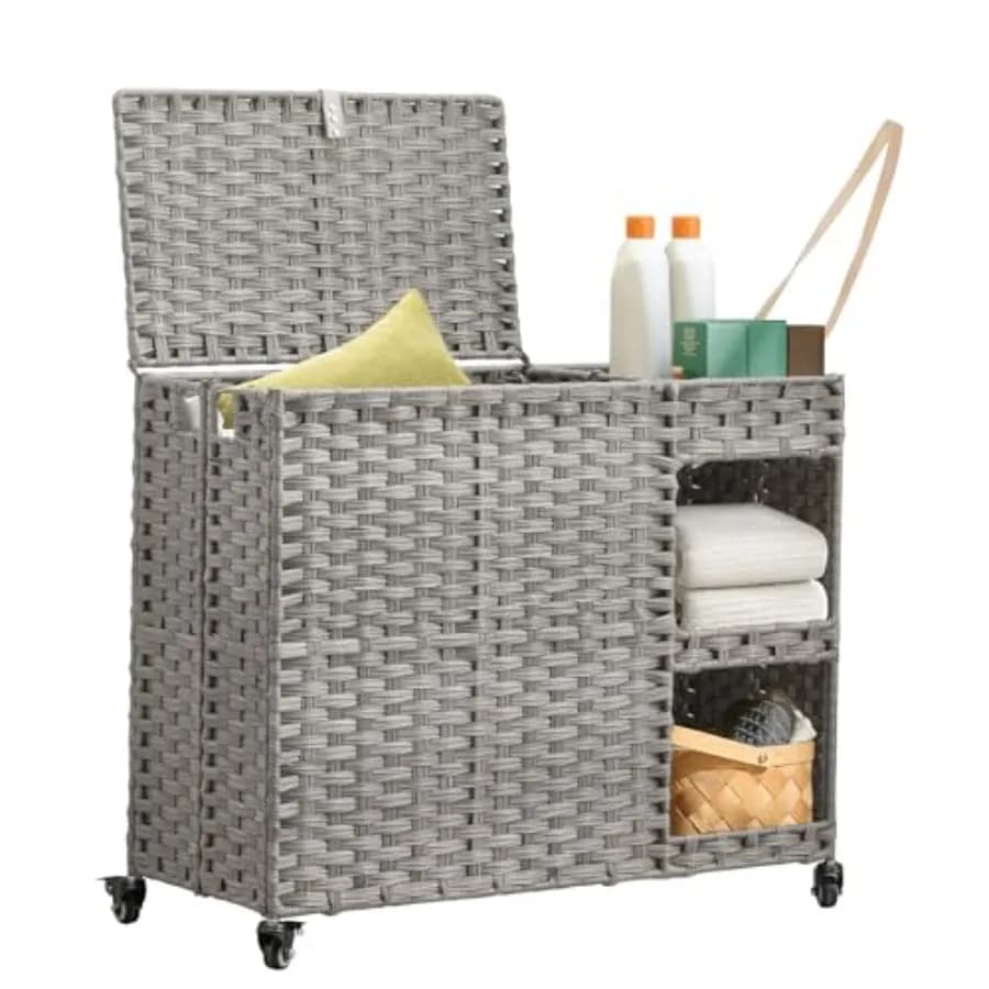 Cesto Portabiancheria con Ruote 160 L (42.3 Gal) con Scomparti e Ripiani, Organizzatore Vestiti in Rattan con 4 Fodere Rimovibili e 3 Sacchi a Rete, Maniglia
