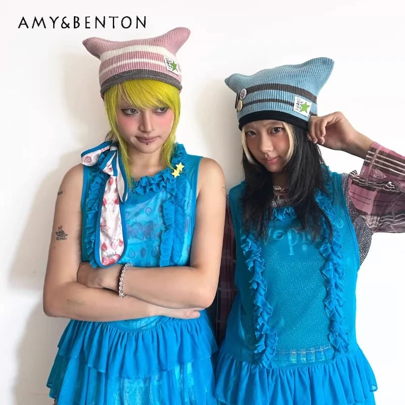 Cappello lavorato a maglia da donna con giunture a strisce dal design originale 2025 Primavera Autunno Nuovo dolce fresco carino Y2k Hot Girl Cappelli versatili da donna