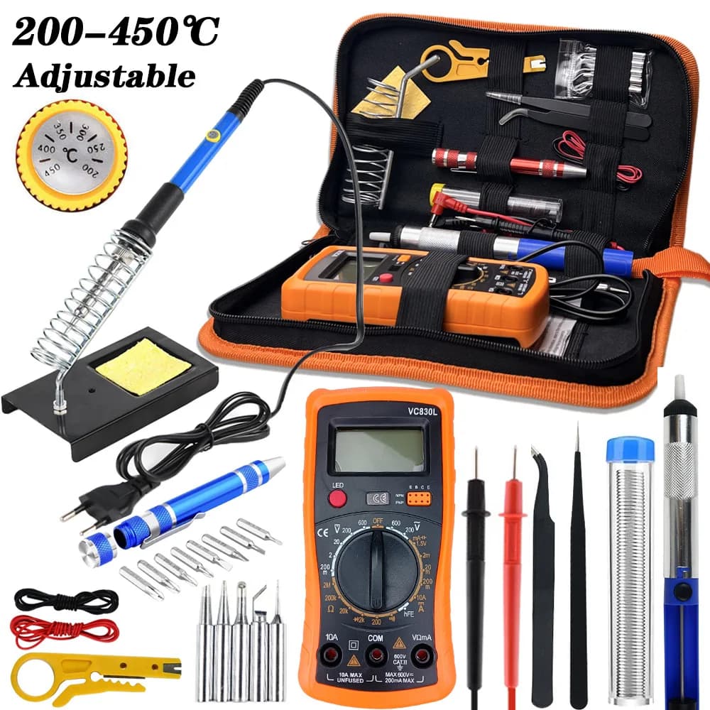 60W Adjustable Temperature Electric Soldering Iron Kit, 200‑450℃ Household Welding Tool Set With Digital Multimeter EU Plug