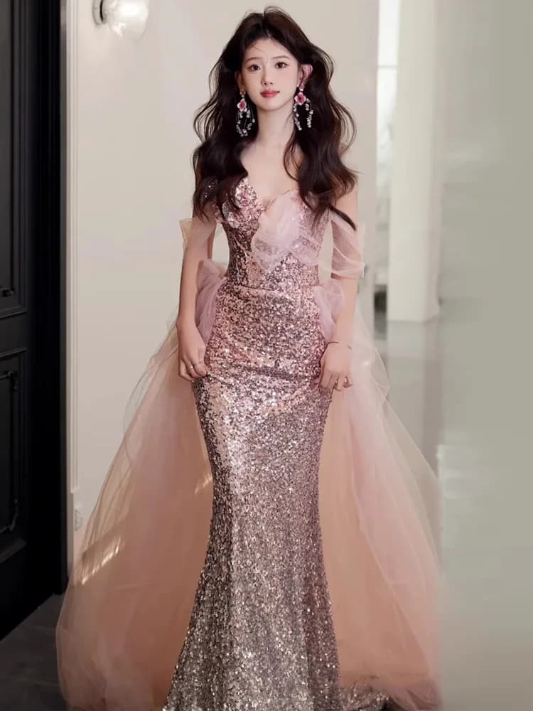 Shiny Sequin Evening Gown 2026 New Bridal One Shoulder Custom Made Fish Tail Wedding Dress Luxury Sensation Long Skirt Elegan...