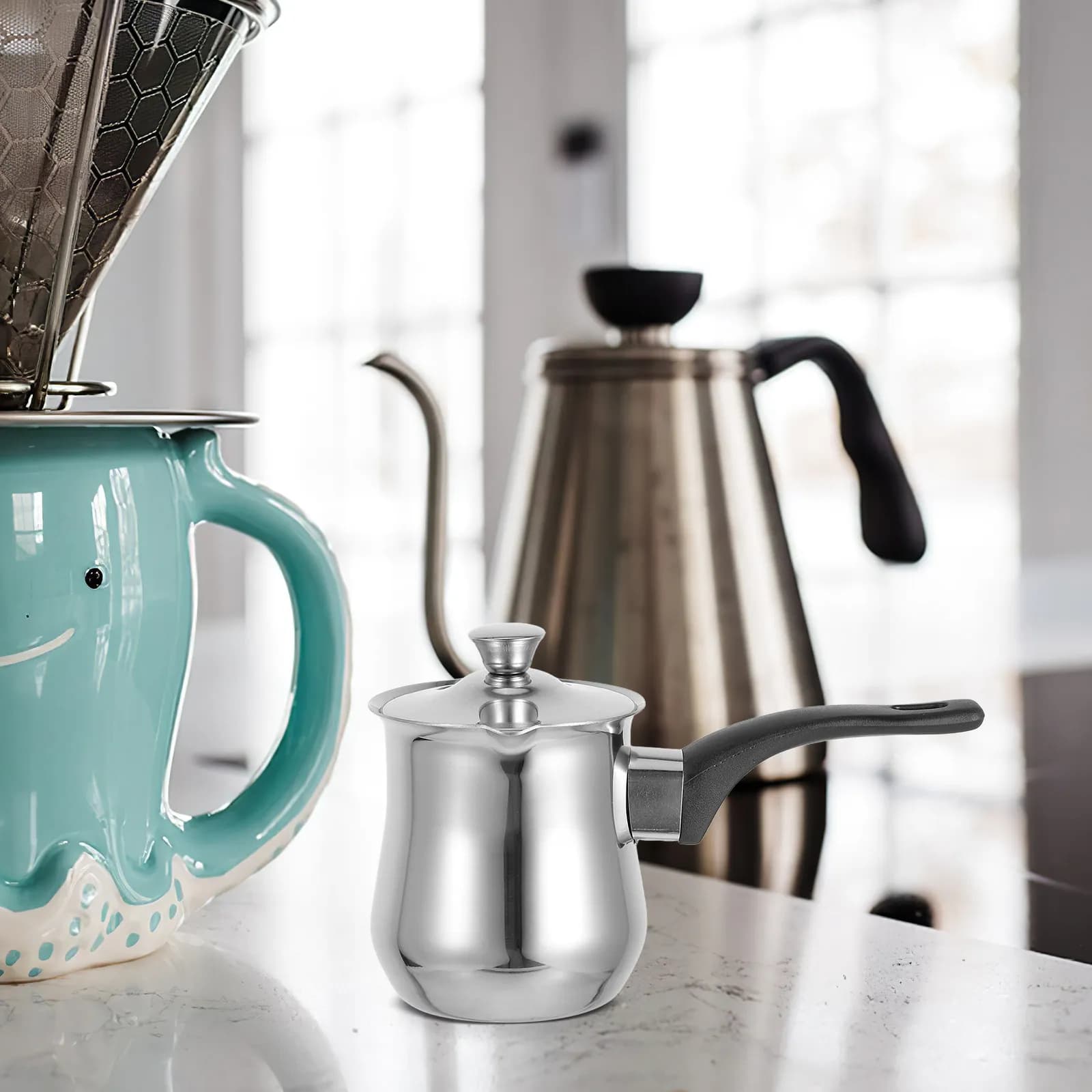 360Ml Turkish Coffee Pot Stainless Steel Milk Jug Frothing Pitcher Small Simmer Pot Stovetop Coffee Maker Tea Kettle Butter
