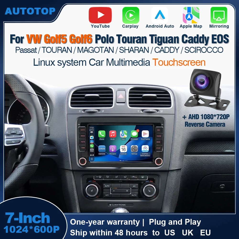 AUTOTOP Autoradio multimediale da 7 pollici con YouTube, CarPlay wireless, Android Auto, RDS per VW Golf 5 6 Passat Polo Touran Tiguan Caddy EOS