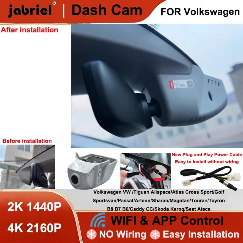 Dash Cam Jabriel 2K 4K Wifi DVR per Auto, Compatibile con Volkswagen VW Passat Tiguan Allspace Atlas Golf Arteon Sharan Magotan Skoda Karoq Seat