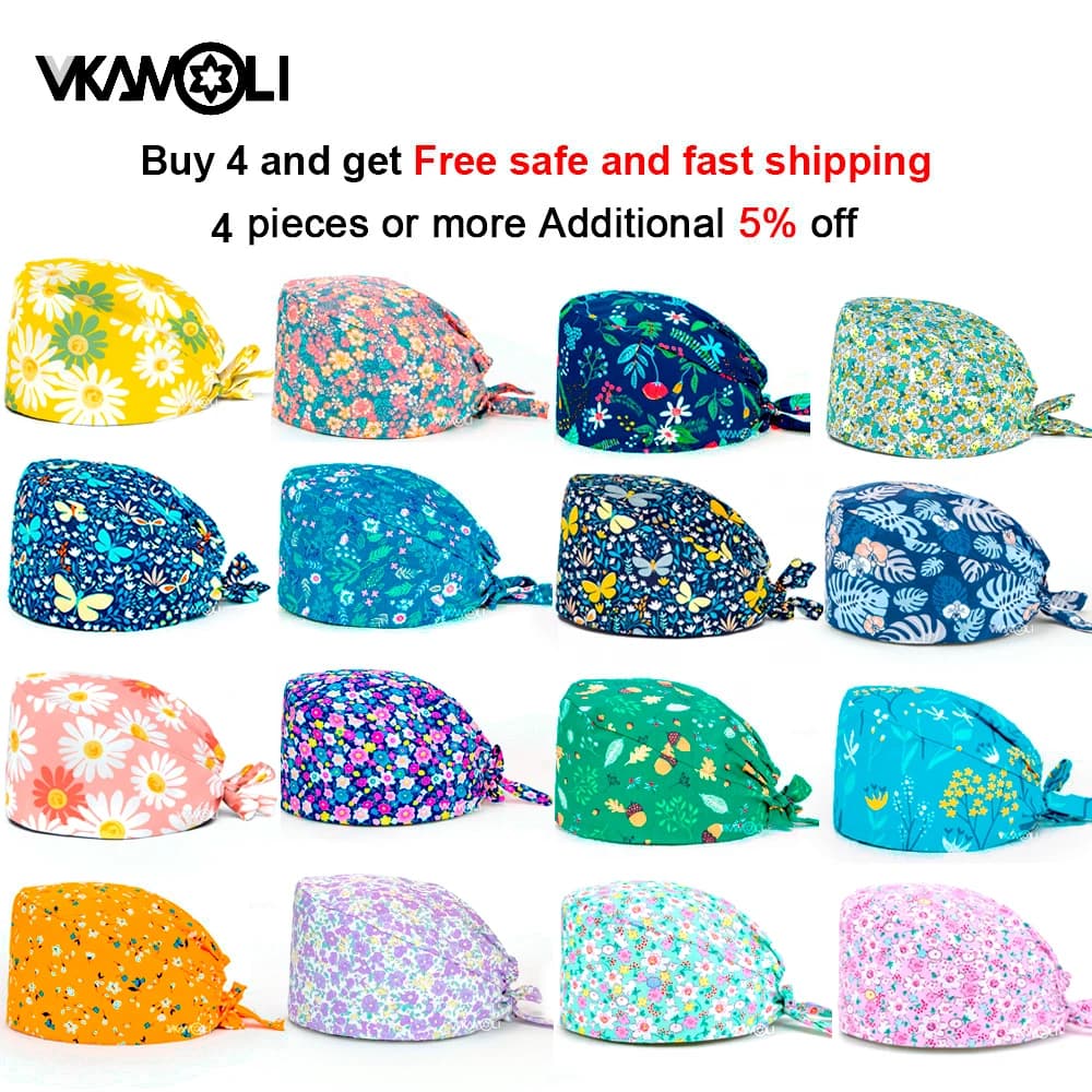 Cappellini per scrub in cotone da donna sezione elastica assorbente per animali domestici toelettatura cappelli da lavoro per allattamento cappello da laboratorio con stampa floreale scrub all'ingrosso