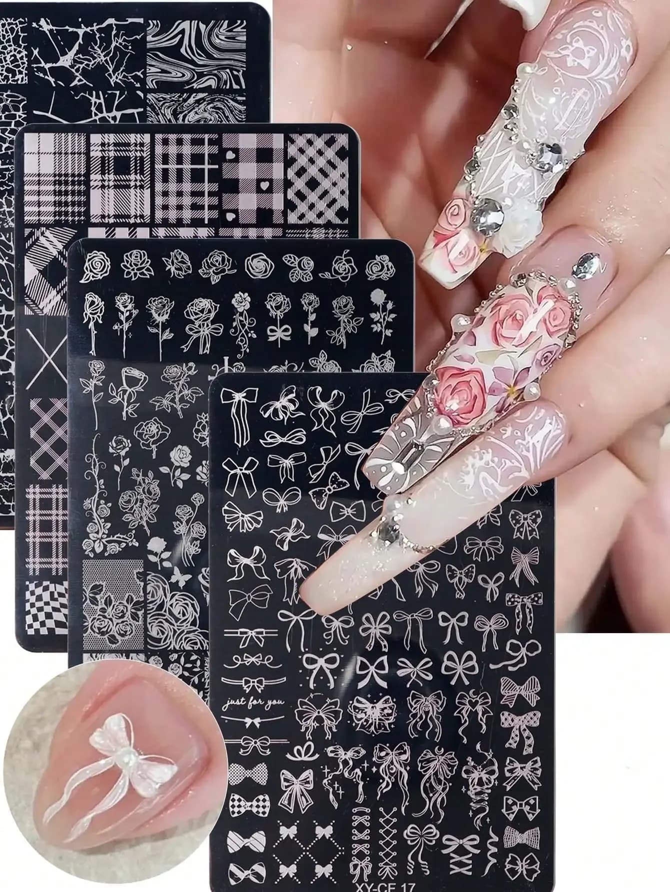 1pc Rose Flower Bow Plover Grid Curve Marble Nail Art Stamping Plate Stamp Stencil French Tip Line Bow-Knot Japanese Style Nail Charm Summer Nails Stencil Templates Manicure Mold Tools For Music Festival Party