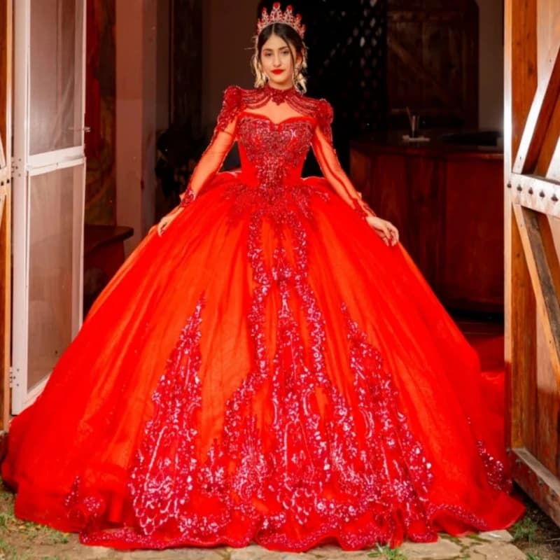 Abiti Quinceanera rossi lucidi con spalle scoperte Applique con paillettes Perline di pizzo Corsetto in tulle di cristallo Festa di compleanno Dolce 16 Dres
