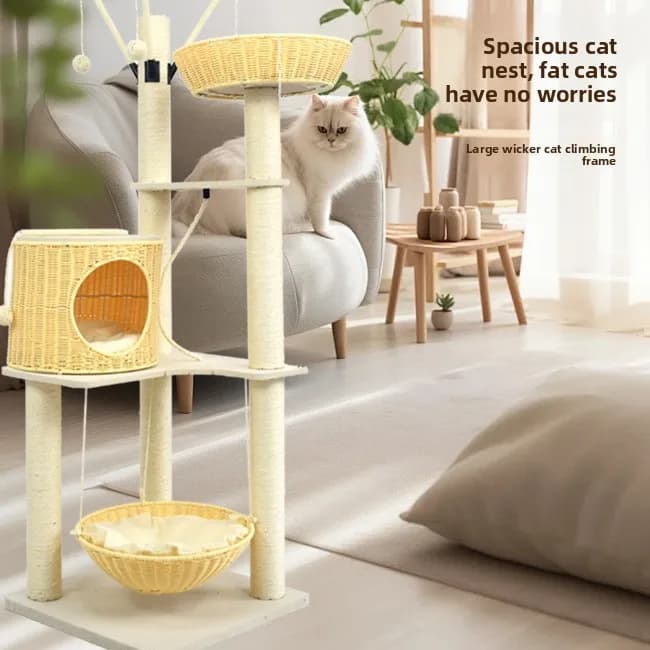 Premium Handcrafted Wooden Cat Tree with Multiple Levels Hammock and Scratching Posts for Indoor Cats