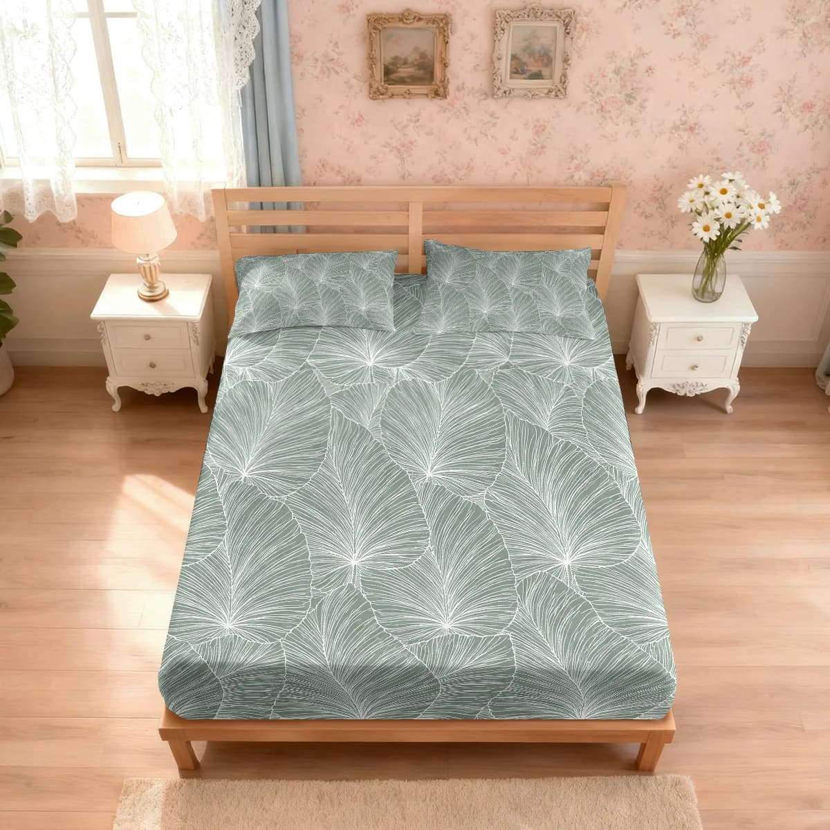 Set di 3 Lenzuola Senza Anima con Stampa Foglie Verdi, Disponibili in Diverse Misure, Morbide Copriletti Decorativi per Camera da Letto, Lavabili