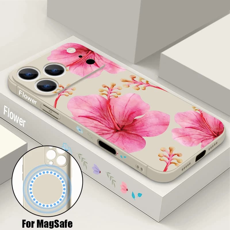 Custodia Magnetica Morbida con Stampa Floreale di Ibisco e Giglio per iPhone 17e 17 16 15 14 13 Pro Max 16e, Compatibile con Ricarica Wireless MagSafe