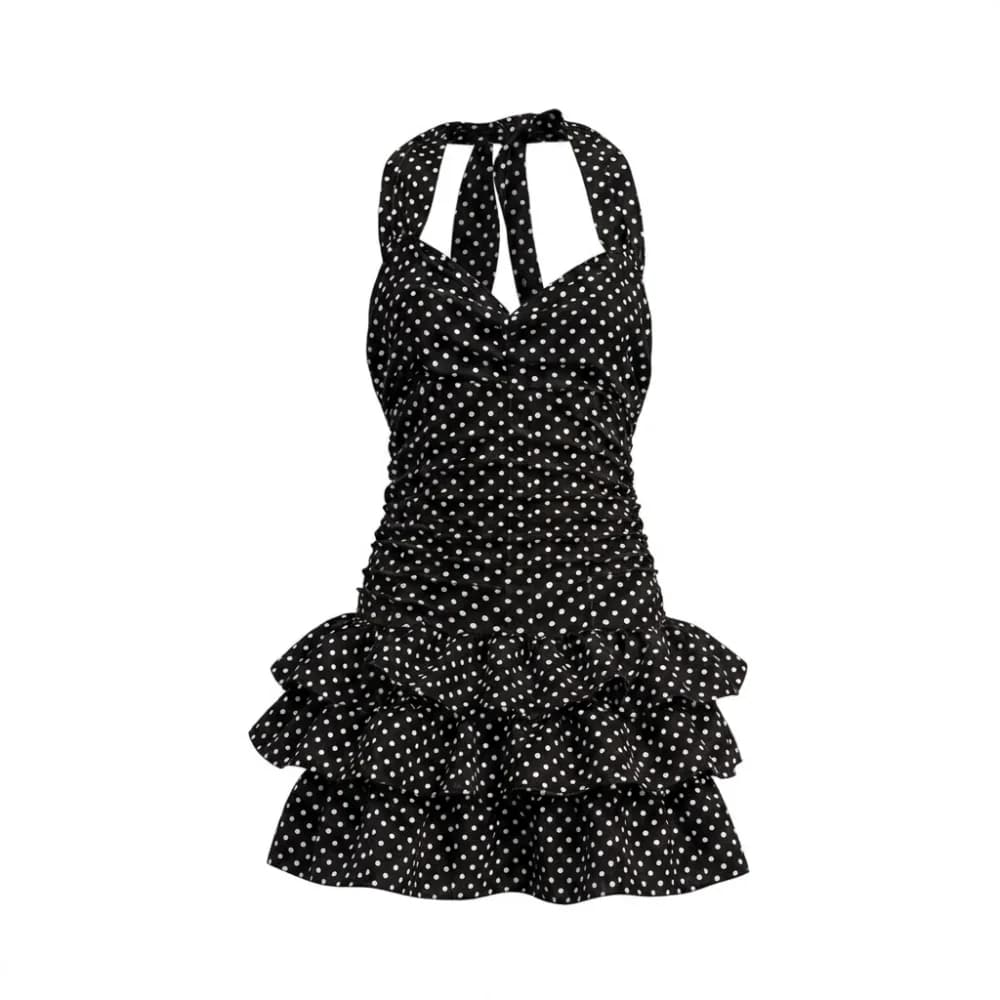 Ruffle Skirt Polka Dot One-Piece Swimsuit Backless Design Bandage Style Bathing Suit High Waisted Slimming Tummy Control