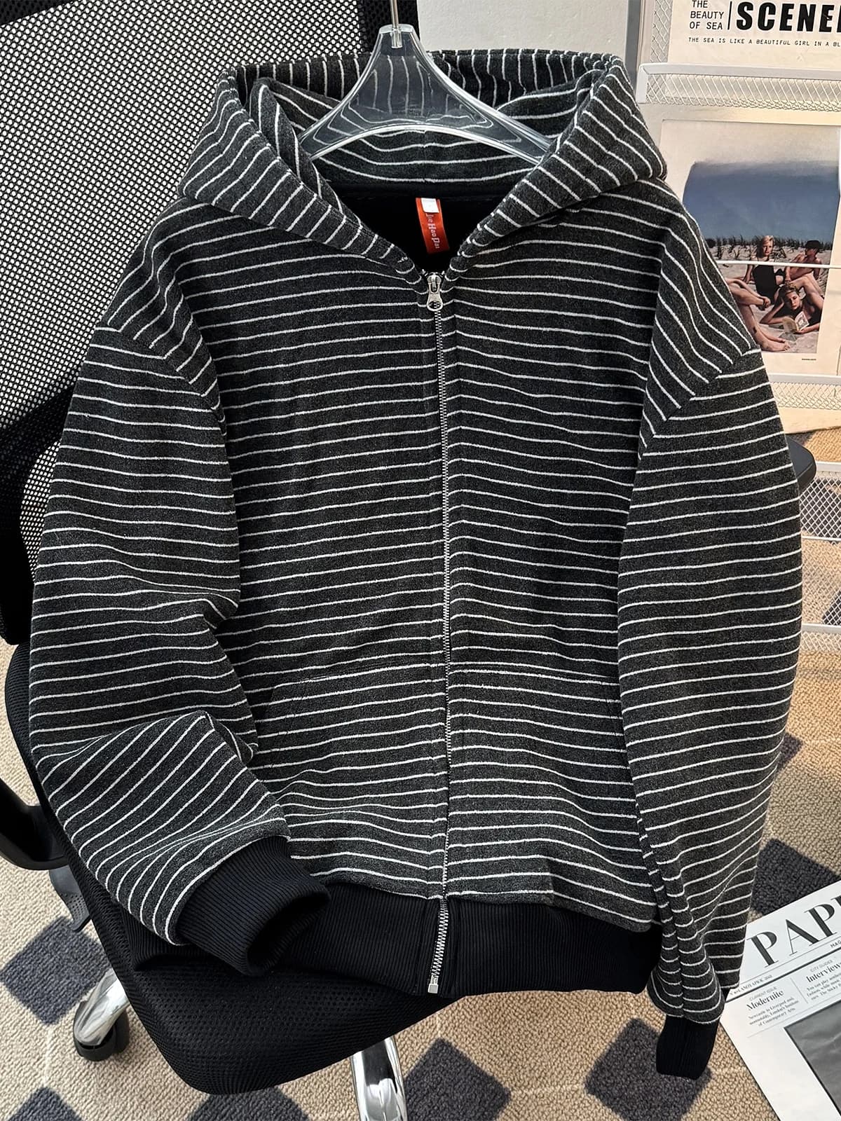 Black Hooded Striped Zipper Jacket Unisex Autumn Winter High Street Cleanfit Sweatshirt Casual Long Sleeve Streetwear