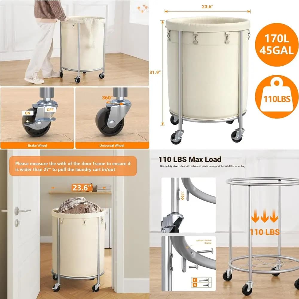 Basket with wheels of 170 liters, removable bag and steel structure, ideal for domestic use in cream