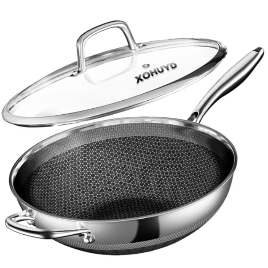 Wok in Acciaio Inossidabile da 13 Pollici, Padella Antiaderente per Stir-Fry, con Coperchio, per Induzione, Elettriche Ibride, Gas, Alogene