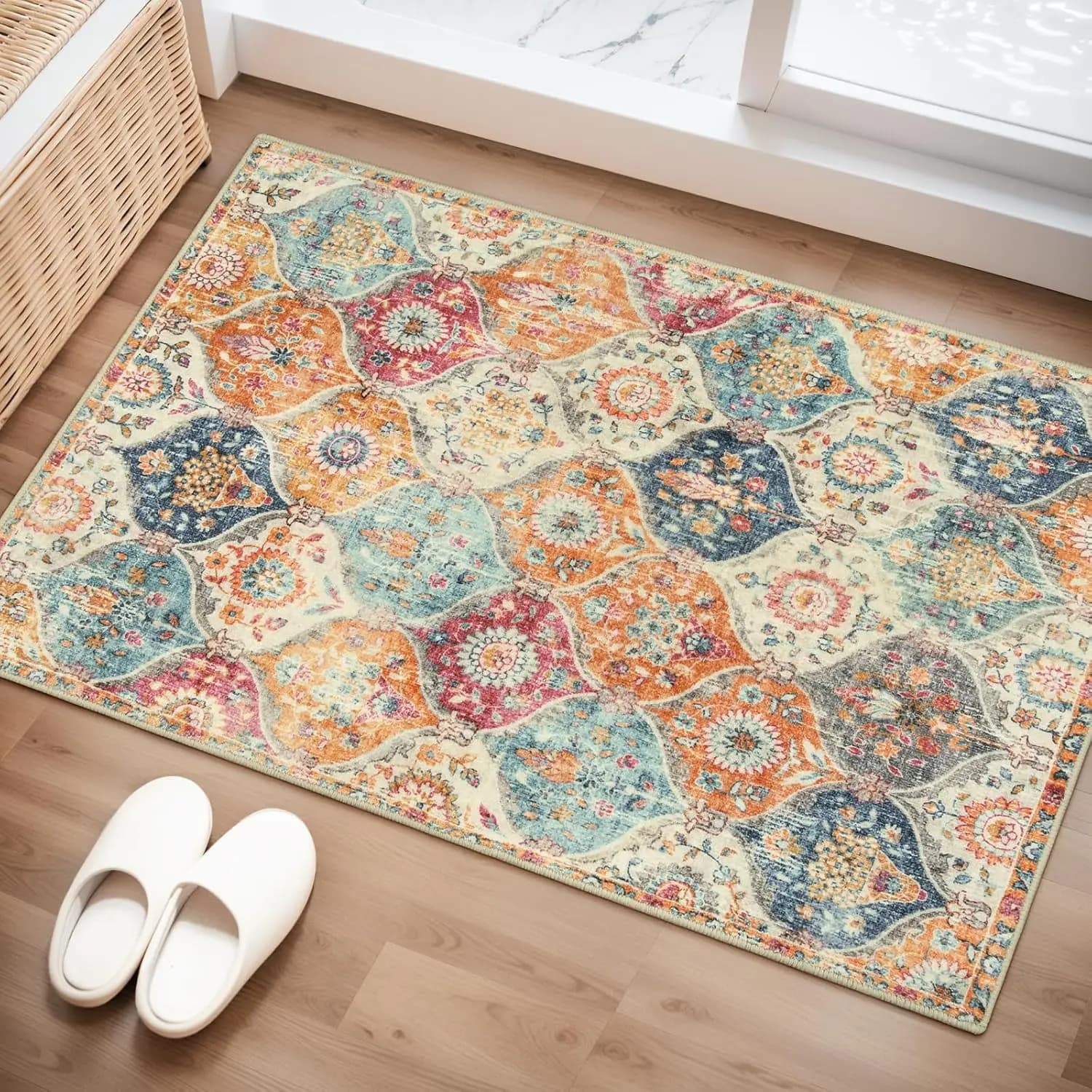 Tappeto Lavabile Marocchino a Traliccio 2x3, Tappetino Antiscivolo da Cucina, Tappetino Ultra Sottile per Ingresso e Bagno, Crema/Multicolore