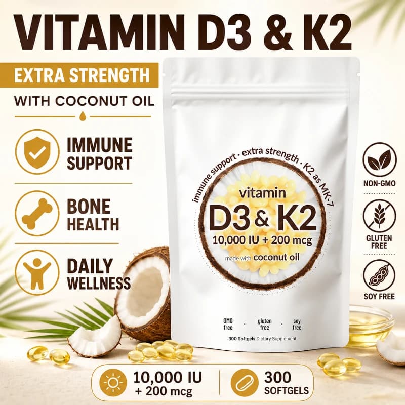 Vitamin D3 K2 Softgels D3 10000 IU + K2 MK-7 200 Mcg Softgels with Coconut Oil 2-in-1 Vitamin D & K Daily Supplement 300Count