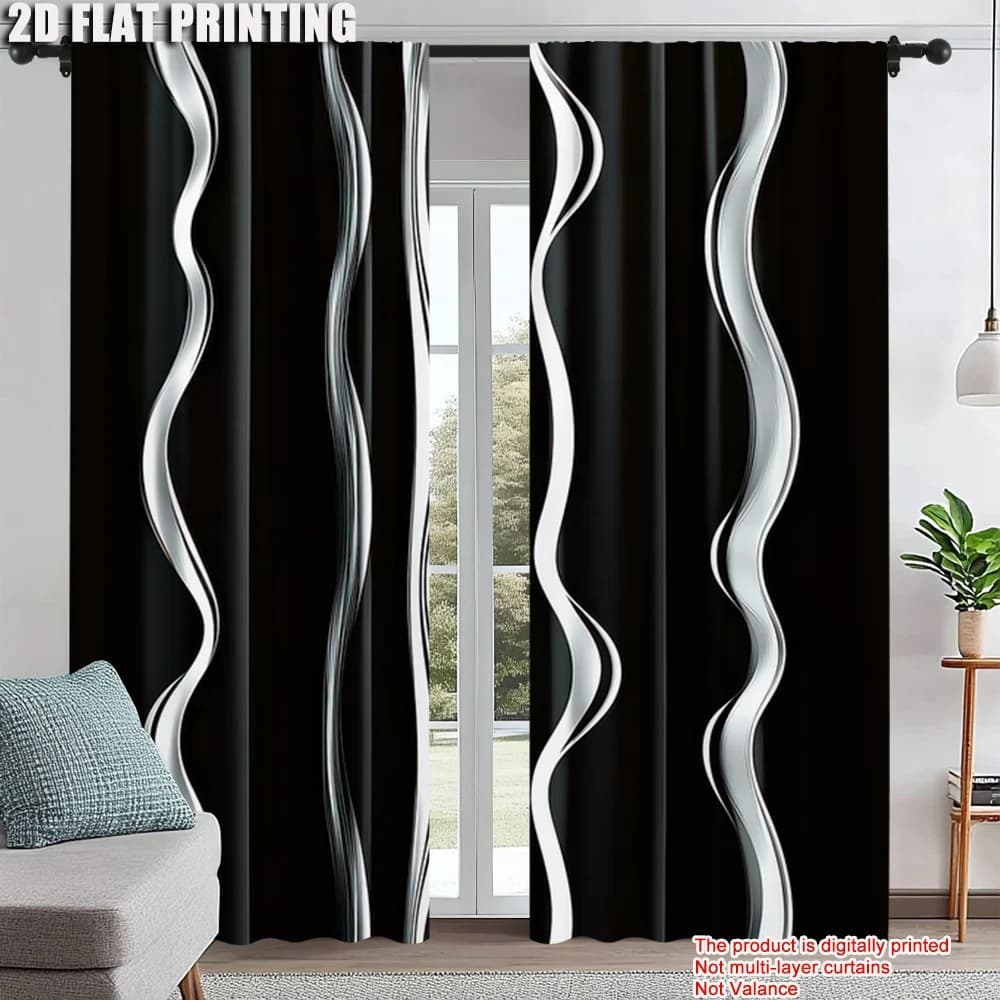 2pcs Modern Abstract Curtains Black and White Wave Striped Window Drapes Minimalist Line Art Decor Living Room Bedroom