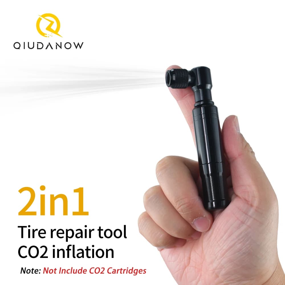 Pompa per Bicicletta CO2 e Kit Riparazione Pneumatici 2 in 1, Accessori per Ciclismo, Mini Gonfiatore Portatile Compatibile con Valvole Schrader e Presta