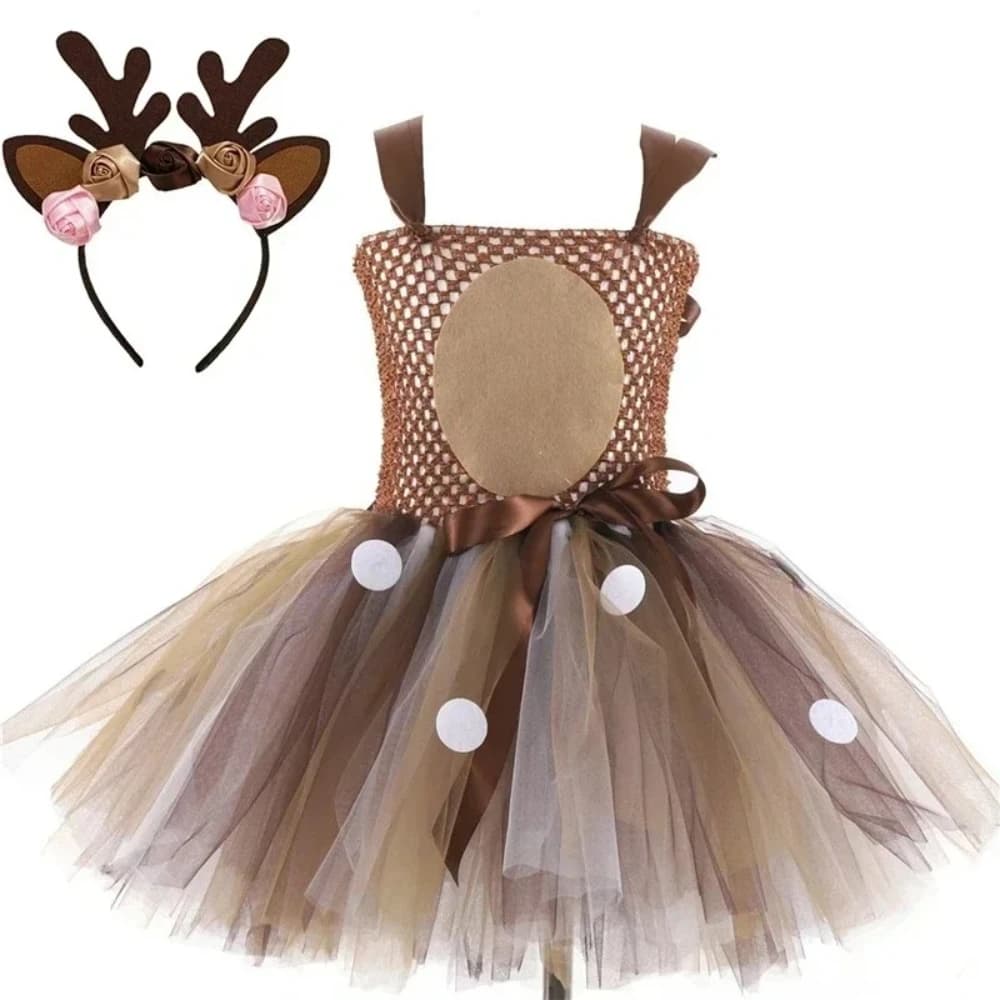 Vestito Tutu da Cervetto per Bambina, Abito Natalizio con Fascia per Capelli, Costume di Halloween per Bambini, Outfit da Principessa Alce/Renna per Capodanno
