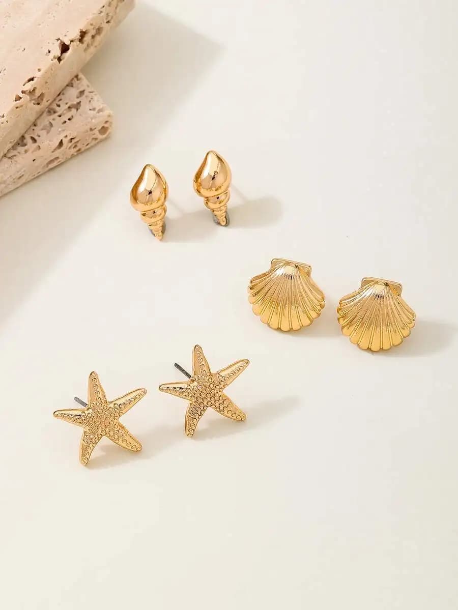 3 Pairs Sea Life Theme Stud Earrings Starfish Shell Conch Women Fashion Jewelry Set