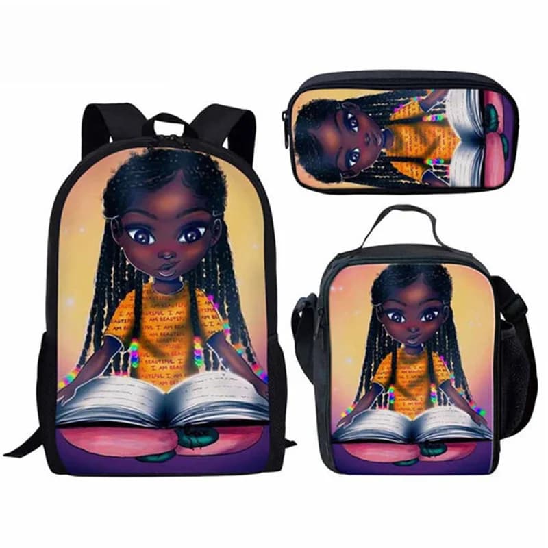 Classic Popular Novelty Cute African girl 3D Print 3pcs/Set pupil School Bags Laptop Daypack Backpack Lunch bag Pencil Case