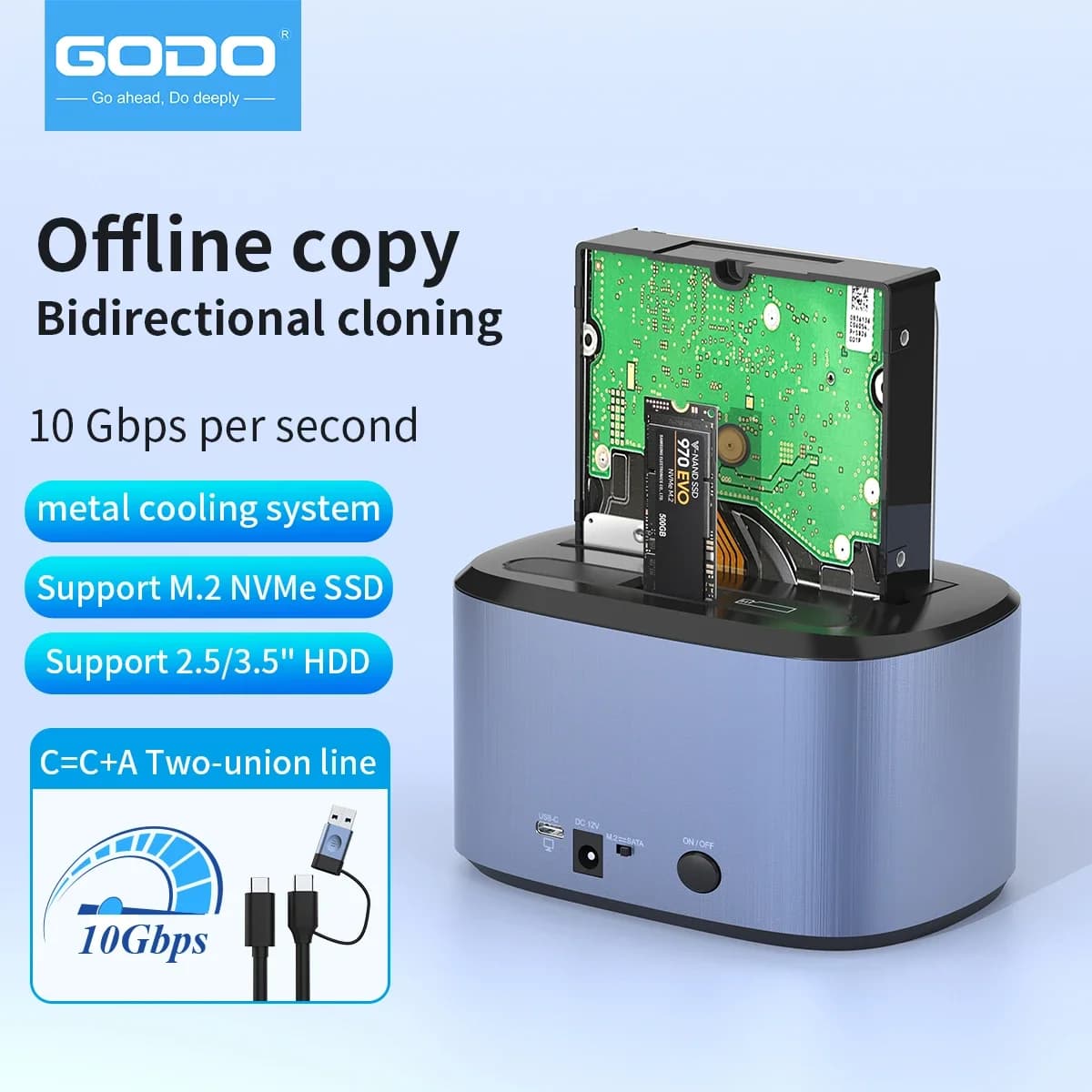 GODO M.2 SATA NVMe 2.5/3.5 Inch SSD HDD Dual Bay Hard Drive Dock USB3.0 Offline Clone Docking Statio Duplicator External Storage