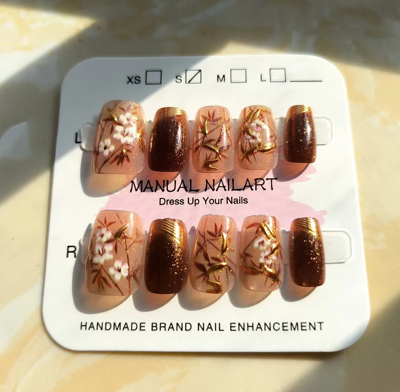 10 pieces pattern leaves and flowers fake nails eye cat tips for detachable chinese nails reusable fake square brown short nails