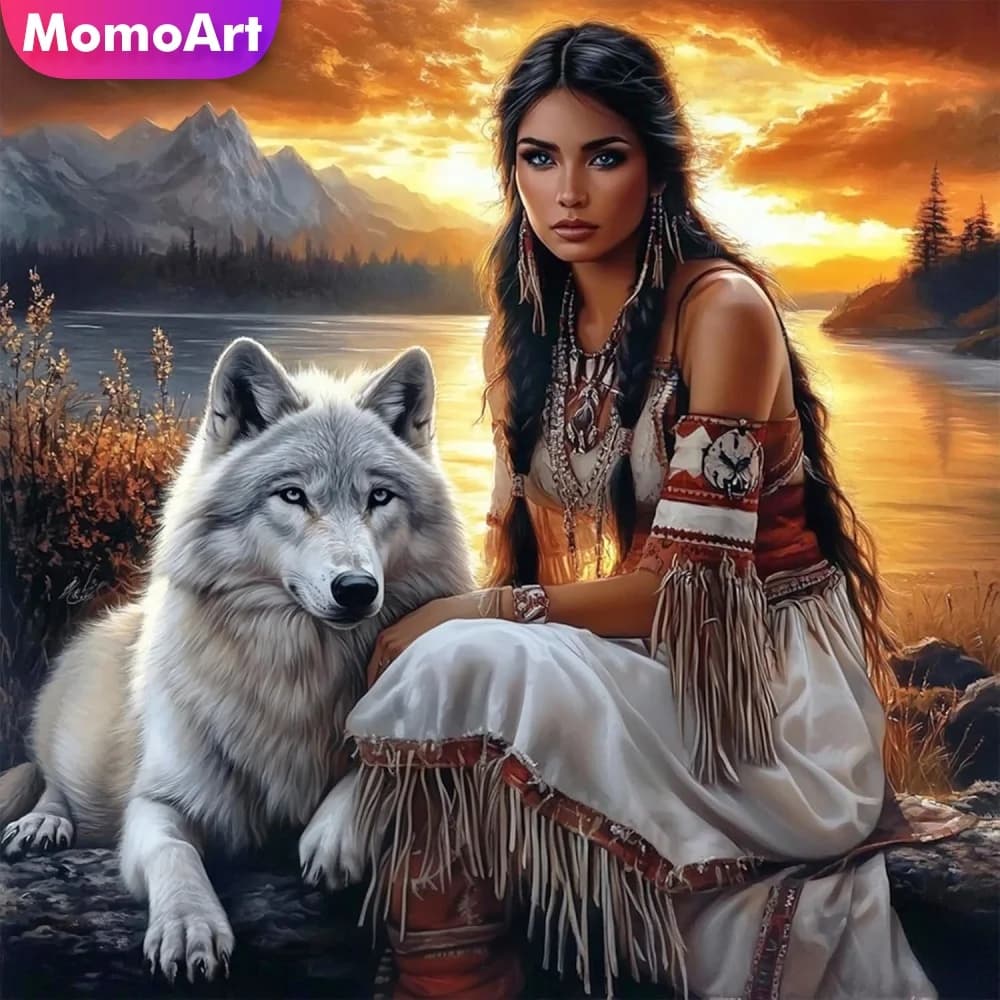 Momoart Kit Artigianale per Ritratto Donna con Diamanti, Pittura Diamantata Fai da Te, Immagine di Lupo con Strass, Ricamo Cane, Hobby Fatto a Mano