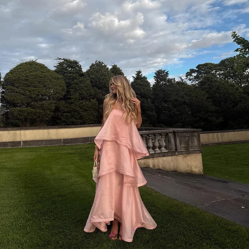 Chic Sweet Pink Layer Halter Sleeveless Dress One Line Party Maxi Dresses Elegant Long Dresses 2026 Solid commuters Dresses