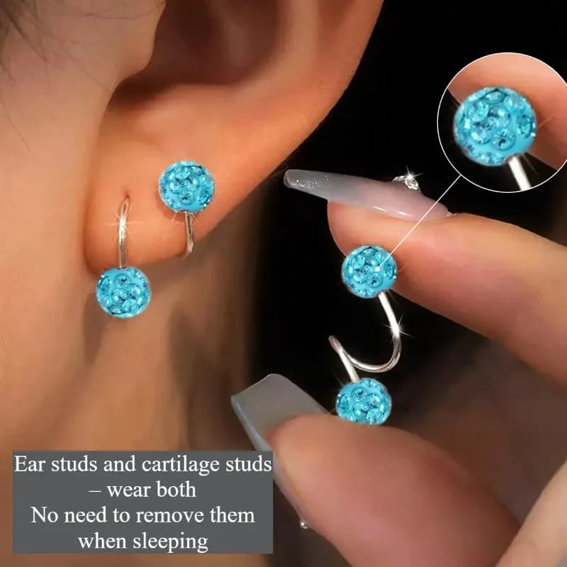 Dual‑Ball Rhinestone Hook Earrings Sparkly Crystal Piercing Jewelry Silver‑Tone Cartilage Ear Stud For Women Sleep‑friendly Dail