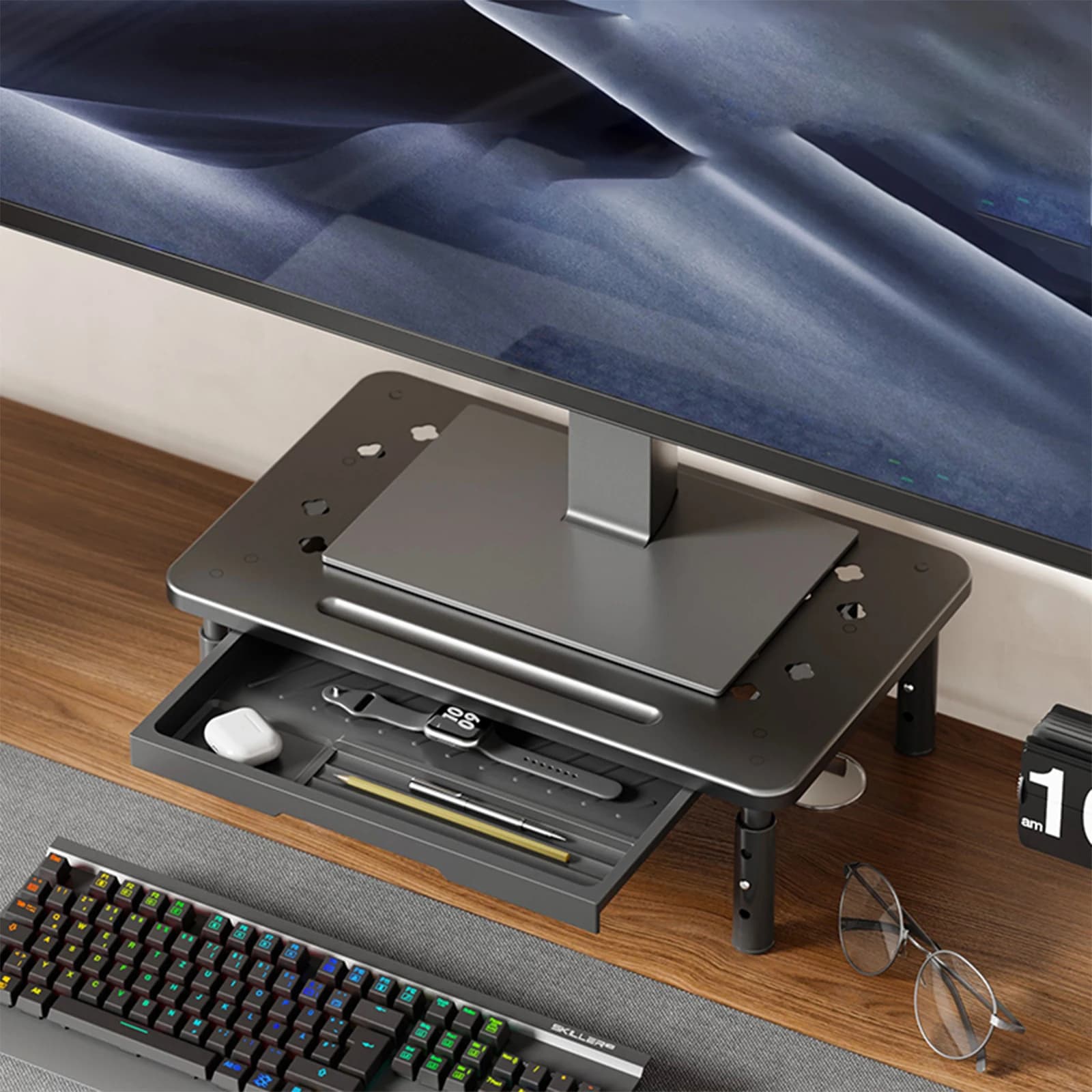 Support for Monitor and Laptop Adjustable in 3 Heights with Cooling Fans, Desk Organizer for Office, Home and School