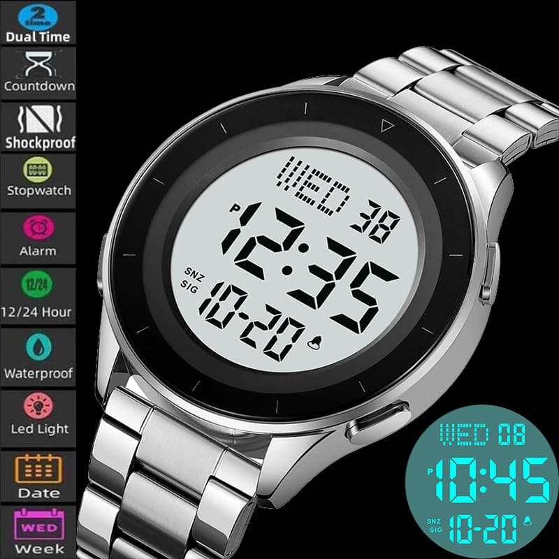 Skmei Dual Time Zone LED orologio da polso digitale Luxury Steeel Band 3Bar sveglia impermeabile orologi da polso sportivi militari da uomo