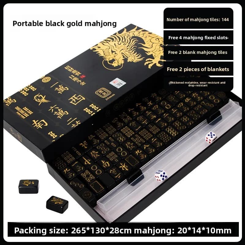 Set di 144 Tessere Mahjong Nere e Dorate, Formato Mini Portatile per Uso Domestico e all'Aperto, Gioco da Tavolo per Famiglie e Feste con Fiches