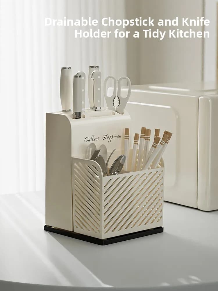 Nuovo Portacoltelli da Cucina 2026 con Tubo Portabacchette Integrato, Organizzatore Multifunzione da Banco in Plastica per Uso Domestico