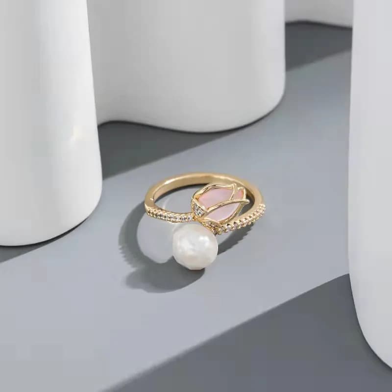 Anello Aperto Regolabile con Pietra Occhio di Gatto a Forma di Tulipano, Gioiello Floreale Minimalista da Donna, Regalo