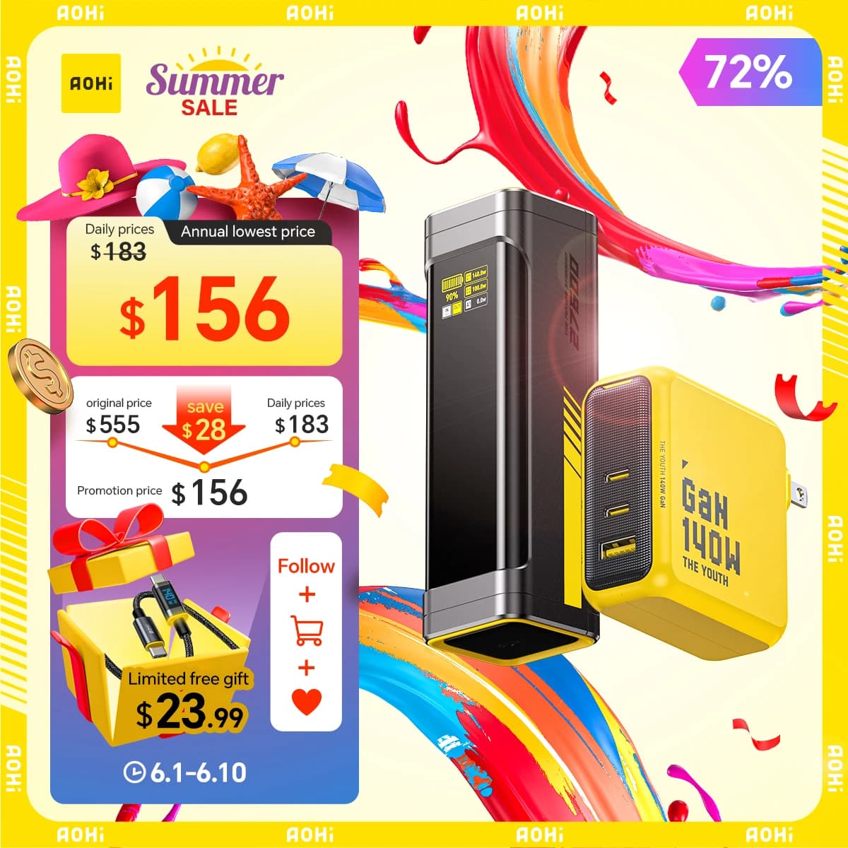 AOHI The Future Starship 240W 27.600mAh Power Bank con Display LED e Cavo C-C da 3FT, Caricatore GaN Bundle E01