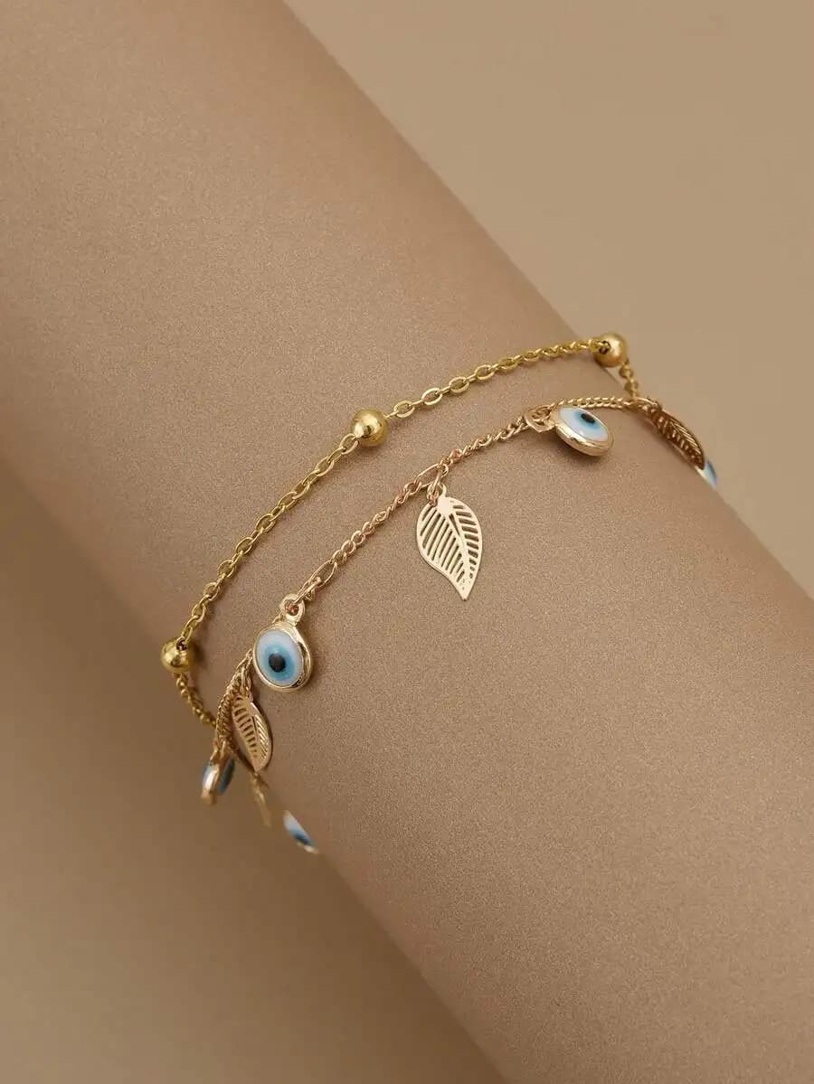Bracciale a doppio strato in acciaio inossidabile con ciondoli a foglia cava e occhio di Allah per donna, gioielli da spiaggia