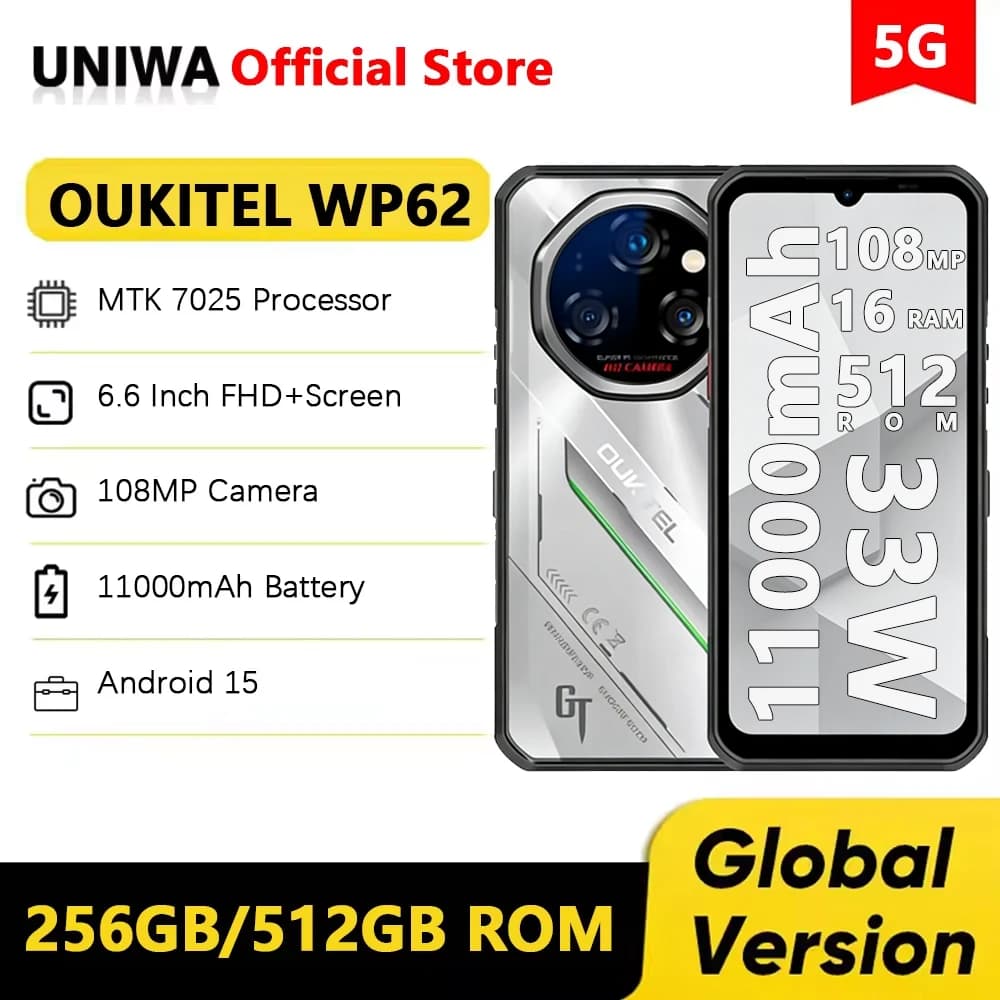 Oukitel WP62 5G Telefono robusto MTK 7025 6.6 "FHD + 256GB/512GB ROM Telefono cellulare Batteria 11000mAh 108MP NFC Smartphone Android 15