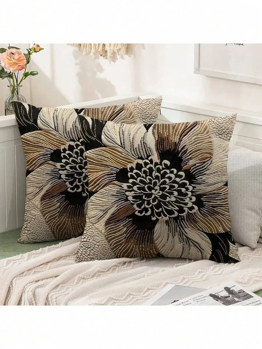 2pcs Farmhouse Style Dahlia Pattern Throw Pillow Covers, 18" X 18" - Black & Brown Abstract Design, Zippered Polyester Velvet