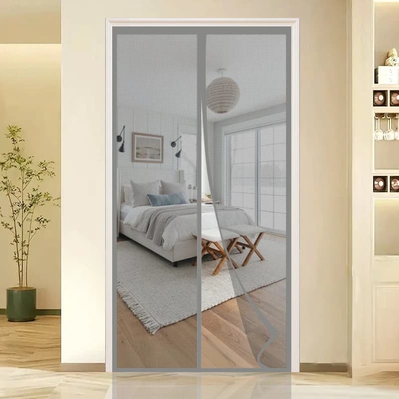 Grey Summer Magnetic Screen Door No-Drill Fiberglass Mesh Mosquito-Proof Breathable Decorative Home Screen Door Curtain