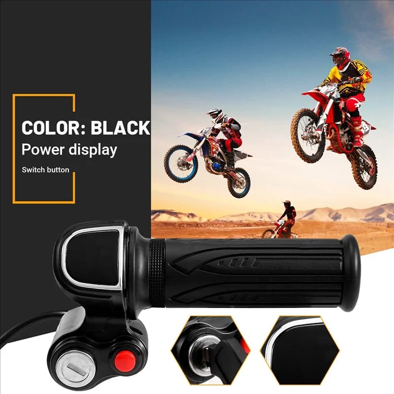 Acceleratore a rotazione con maniglia a gas con indicatore batteria, interruttore a scatto e blocco/chiave per scooter elettrico, bicicletta, parte MTB