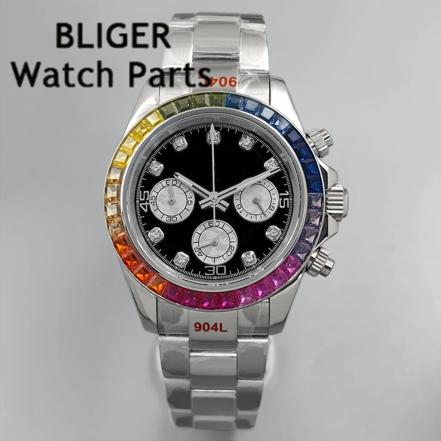 Orologio da Uomo BLIGER con Quadrante Nero Panda, Ghiera Multicolore, Cronografo VK63A, Movimento al Quarzo, Lancetta dei Secondi Continua, Vetro Zaffiro, Cinturino in Gomma