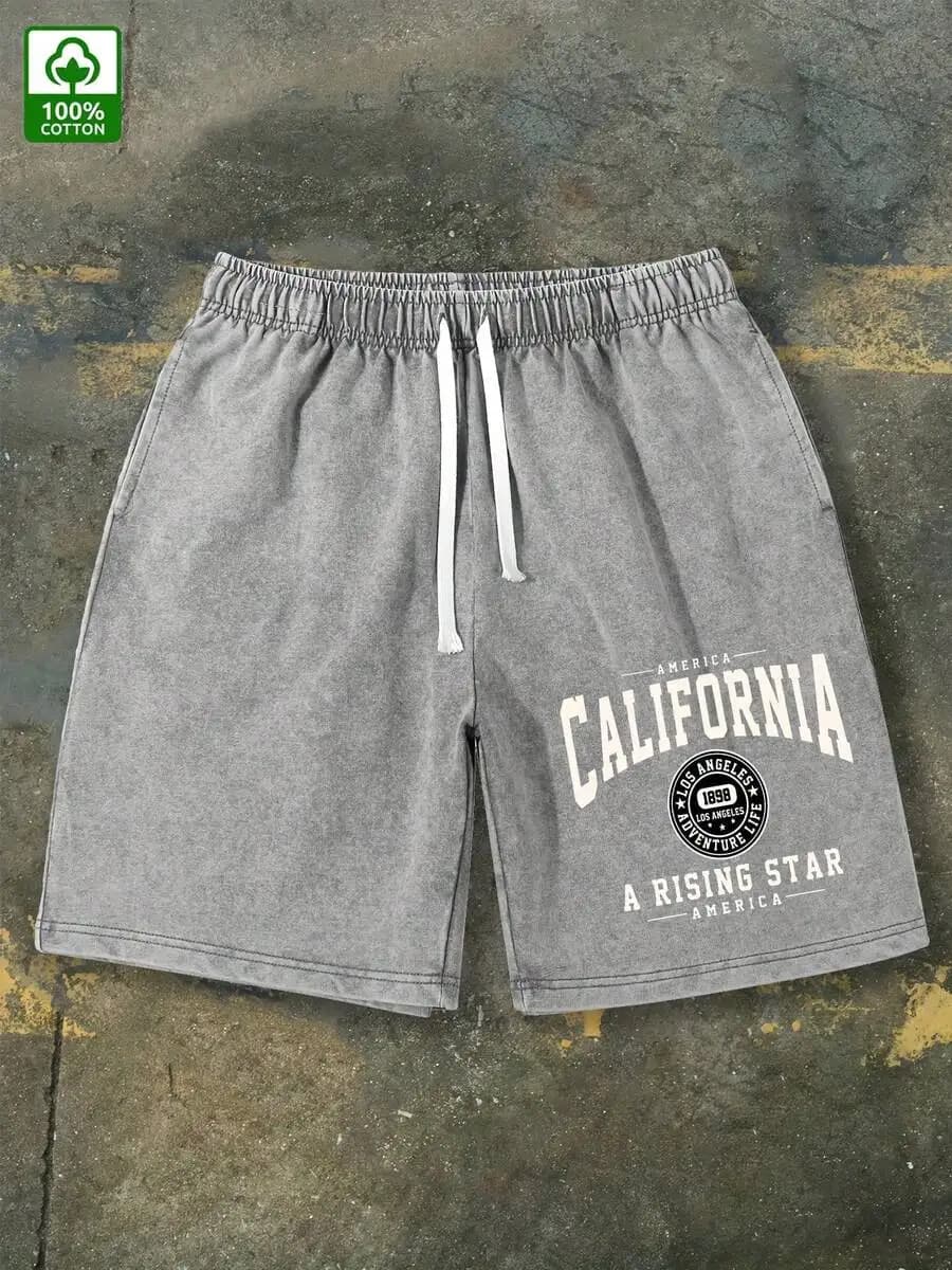 Mens Vintage California Print Washed Cotton Shorts Loose Fit Mid Waist Drawstring Casual Summer