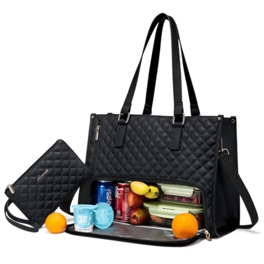 Lunch Tote Bag for Women, Laptop Bag with Insulated Lunch Compartment, Quilted Large Capacity Computer Handbag with Purse for B