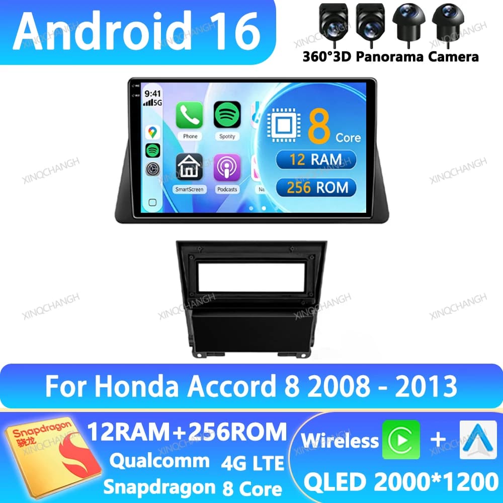 Android 16 Car Radio For Honda Accord 8 2008 2009 2010 - 2013 Head Unit 4G WIFI Multimedia Video Player GPS 2DIN QLED Navigation