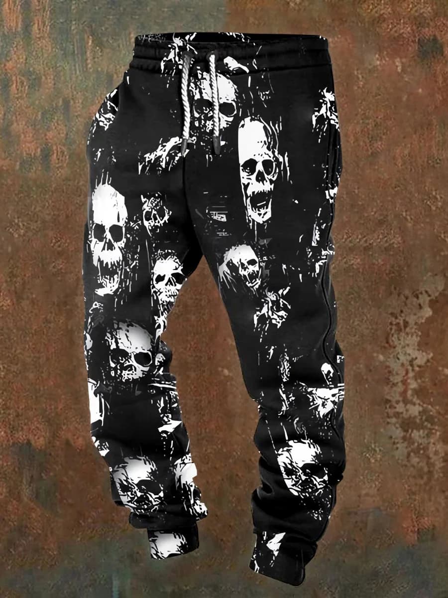 Men's casual jogging pants with drawstrings and Halloween skull prints, suitable for outdoor wear, autumn and winter fashion
