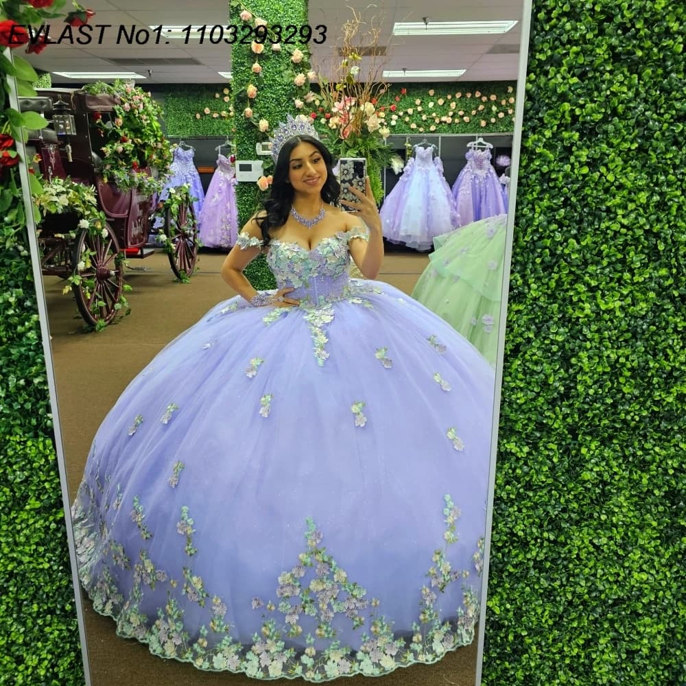 EVLAST Customized Shiny Lavender Ball Gown Quinceanera Dress 3D Floral Applique Beading Bow Sweet 16 Vestidos De 15 Anos E1QN54