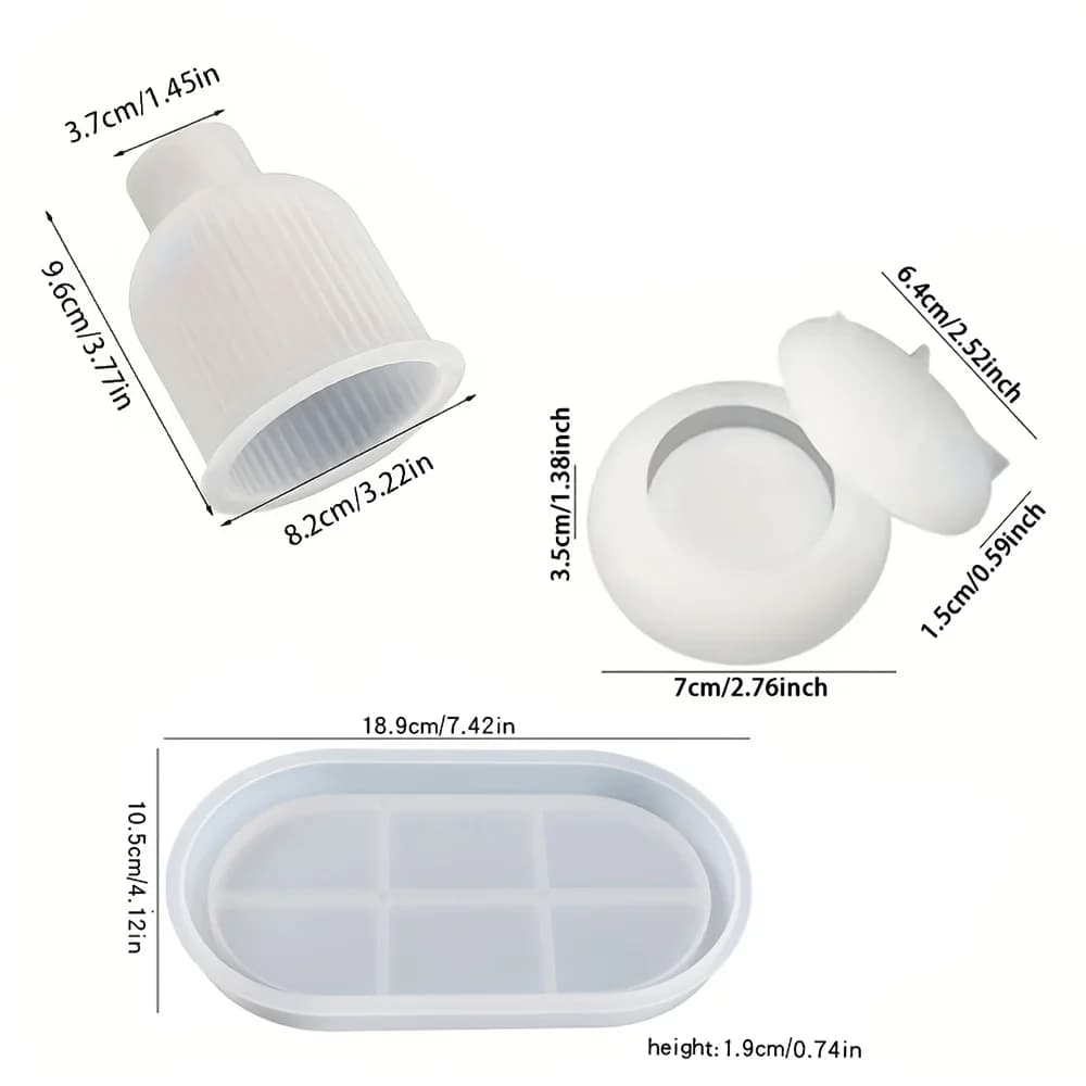 Stampo in silicone in resina da 3 pezzi per portacandele, vaso a strisce, scatola portaoggetti fai da te, piatto portaoggetti, vassoio in gesso cementizio con resina epossidica