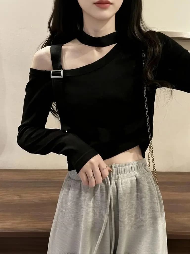 One Shoulder Knitted Pullover Women Strap Belted Long Sleeve Sweater Outerwear Halter Knitwear Cropped Basic Tees Off shoulder