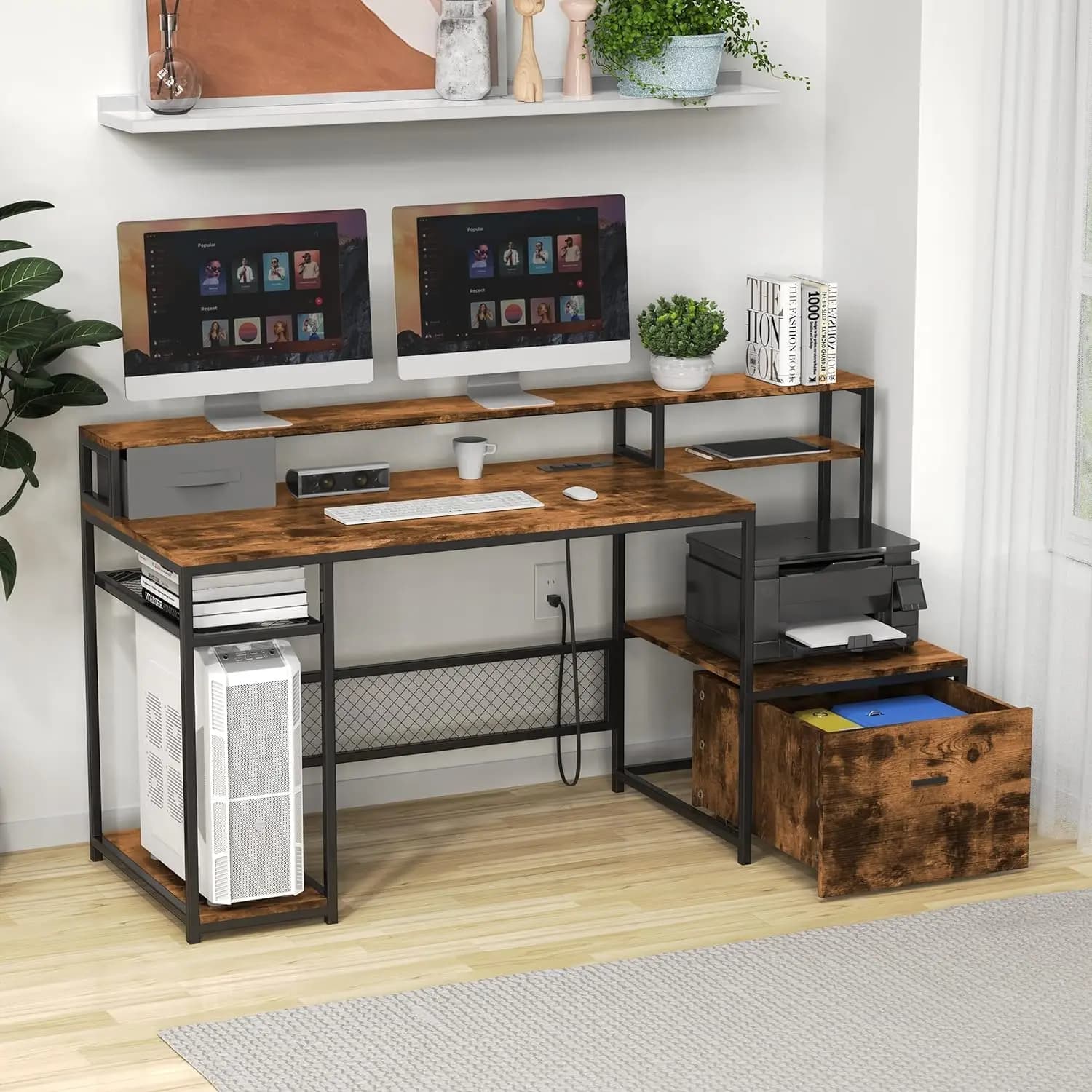 Modern Computer Desk with Charging Station & Monitor Shelf Industrial Office Table with Printer Stand Storage Drawer CPU Holder