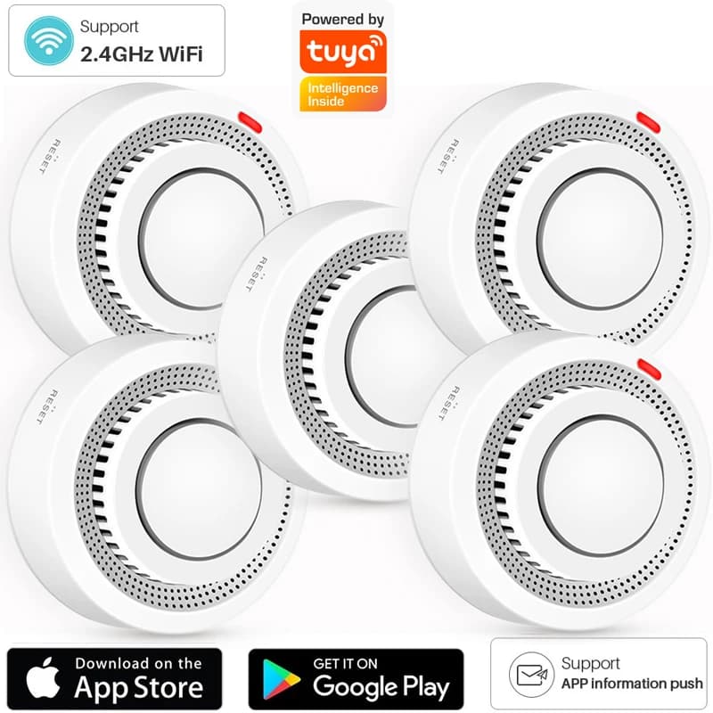 Wifi Tuya Sensore rilevatore di fumo intelligente Protezione antincendio wireless Allarme fumo Sensore di prevenzione di sicurezza ad alta sensibilità 80DB